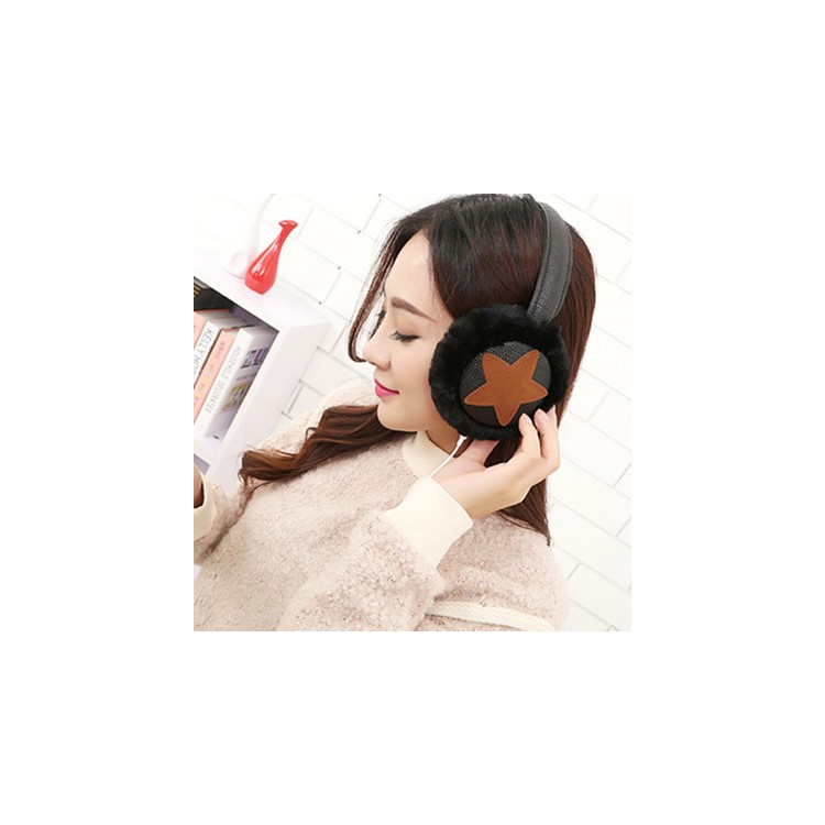 Star Pattern Faux Rabbit Fur Music Headphone Warm Earmuffs - Black-2