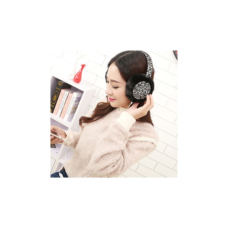 Lace Pattern Plush Music Headphone Warm Earmuffs - Black-1