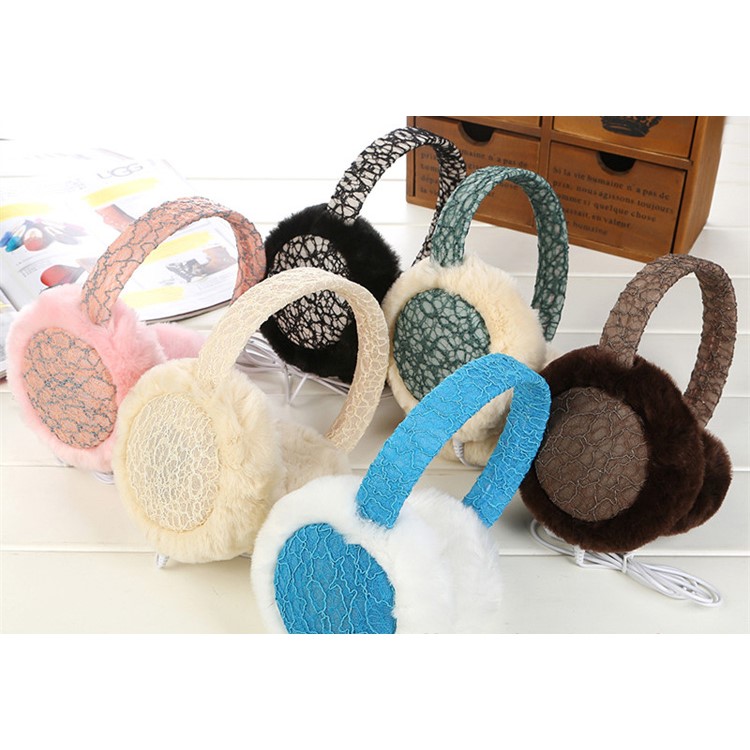 Lace Pattern Plush Music Headphone Warm Earmuffs - Black-2
