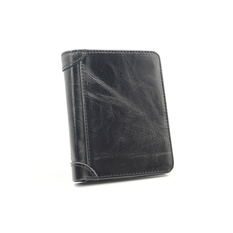 Men's Crazy Horse Leather Retro Short Wallet (16066-2 ) - Black-1