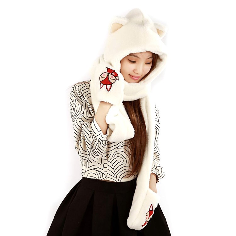 Cartoon Ali Cosplay Hat Soft Plush Hood Scarf Glove - White-2