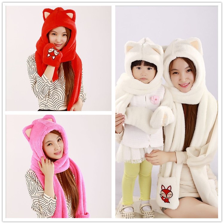Cartoon Ali Cosplay Hat Soft Plush Hood Scarf Glove - White-3