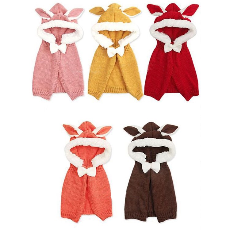 Knit Shawl Hats Rabbit Ear Hooded Poncho Cloak Cape Coat - Red-2
