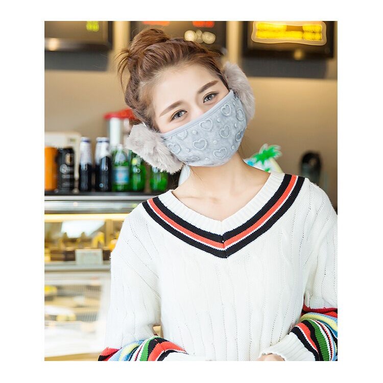 Pretty Loving Hearts Winter Warm Mouth Mask and Earmuffs - Grey-1