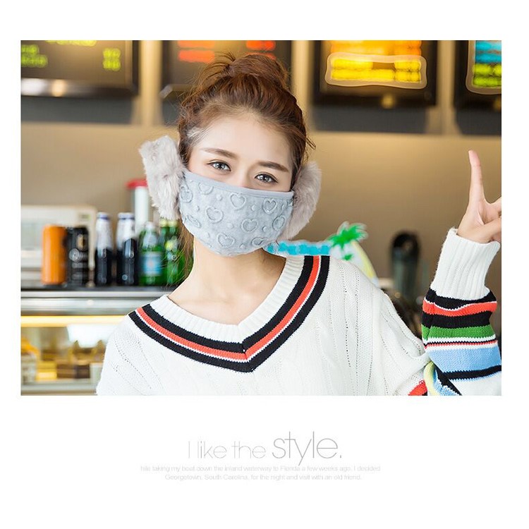 Pretty Loving Hearts Winter Warm Mouth Mask and Earmuffs - Grey-2
