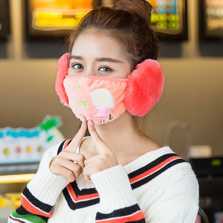 Embroidery Winter Warm Mask Earmuffs - Girl Holding Umbrella / Watermelon Red-1