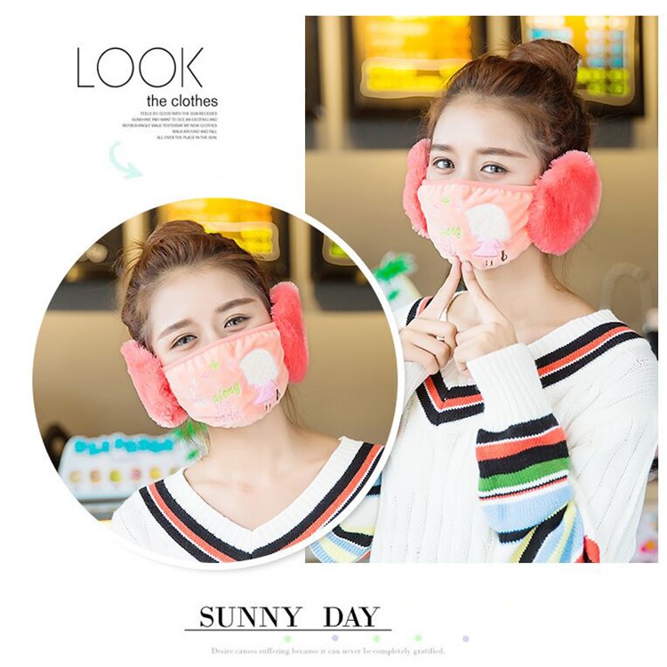 Embroidery Winter Warm Mask Earmuffs - Girl Holding Umbrella / Watermelon Red-2