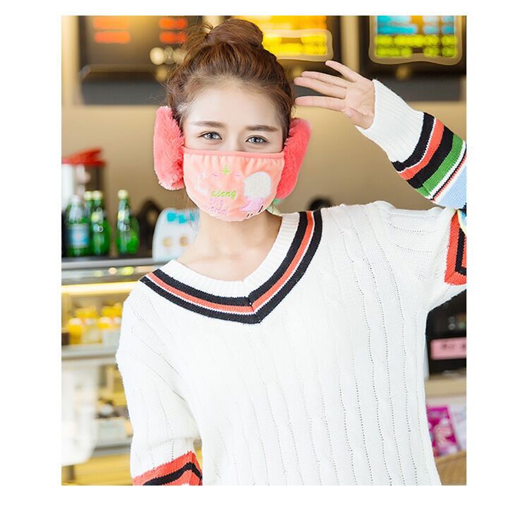 Embroidery Winter Warm Mask Earmuffs - Girl Holding Umbrella / Watermelon Red-3