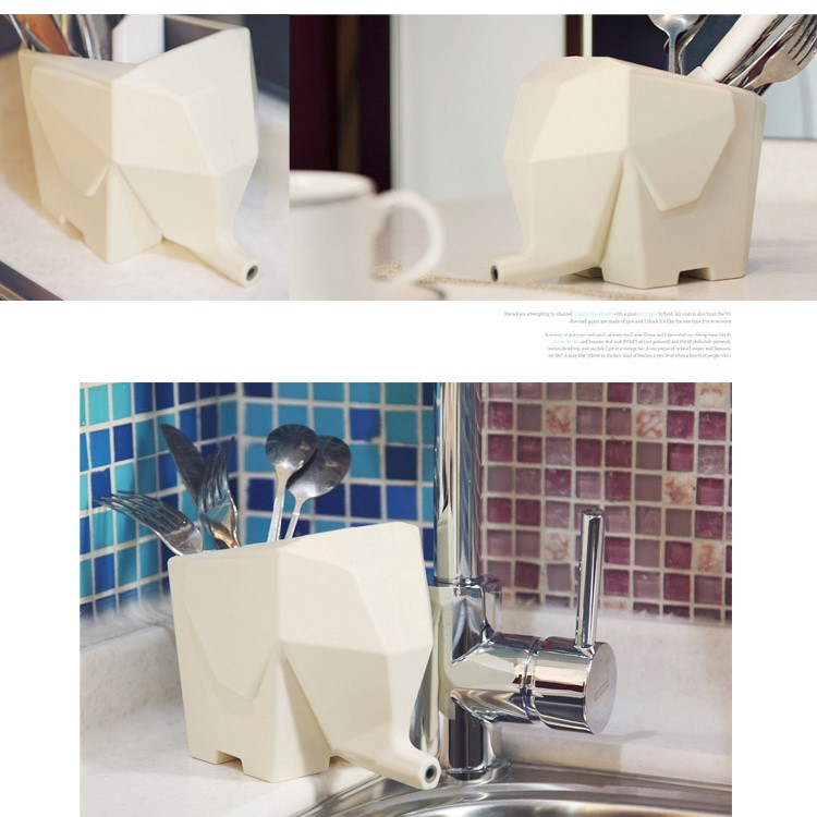 Multi-functional Cute Elephant Cutlery Drainer Storage Box - Beige-10