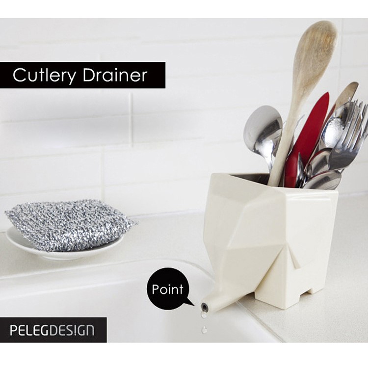 Multi-functional Cute Elephant Cutlery Drainer Storage Box - Beige-12