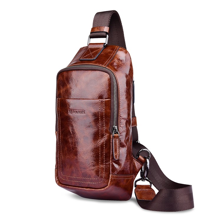 ICARER Retro Oil Wax Genuine Leather Chest Bag Cycling Climbing Sling Bag - Coffee-1
