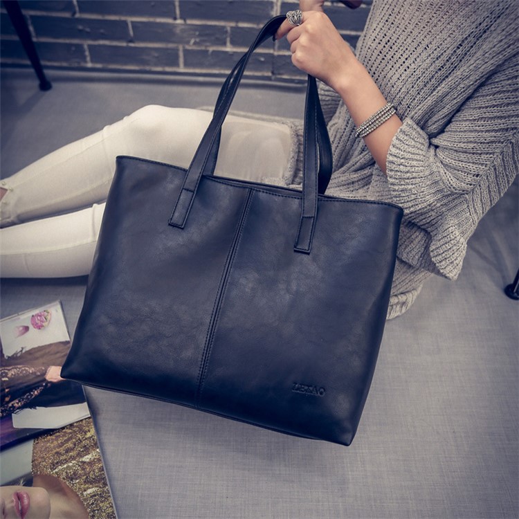 Fashion Ladies PU Leather Handbag Tote Shoulder Bag - Black-2