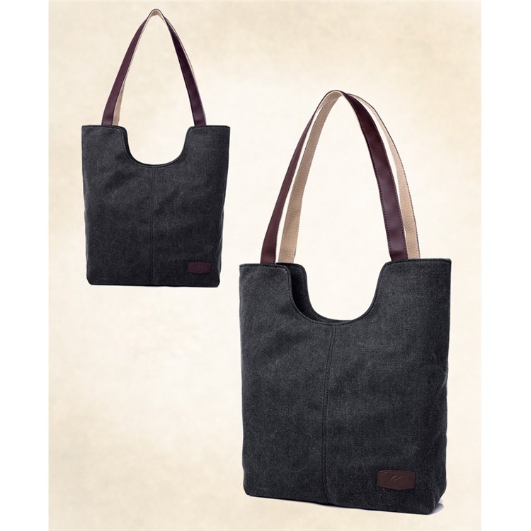 Vintage Ladies Canvas Handbag Bucket Tote Bag - Black-2