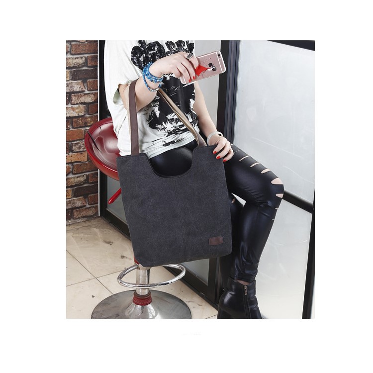 Vintage Ladies Canvas Handbag Bucket Tote Bag - Black-4