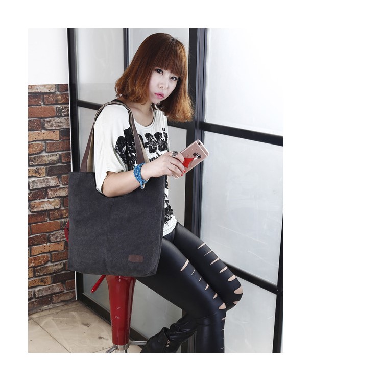 Vintage Ladies Canvas Handbag Bucket Tote Bag - Black-5