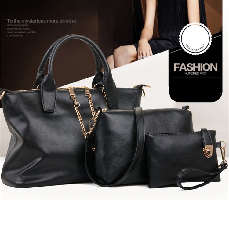 3Pcs/Set Fashion Women Faux Leather Handbag Shoulder Bag - Black-1