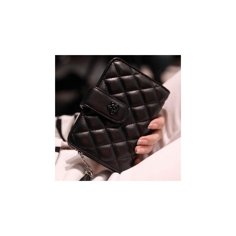 Korean Style Rhombus Texture Leather Short Wallet for Girls, Size 13.8 x 11 x 3cm - Black-1