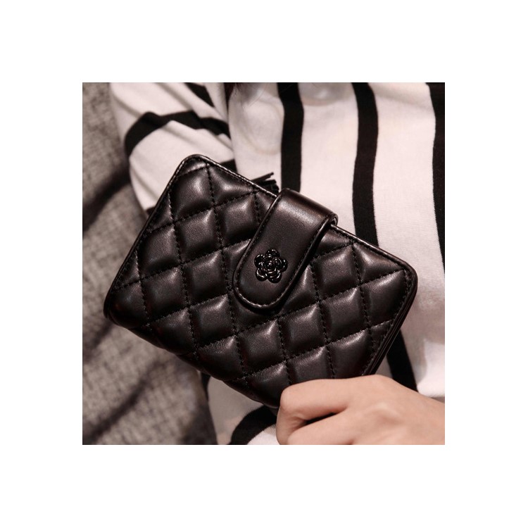 Korean Style Rhombus Texture Leather Short Wallet for Girls, Size 13.8 x 11 x 3cm - Black-2