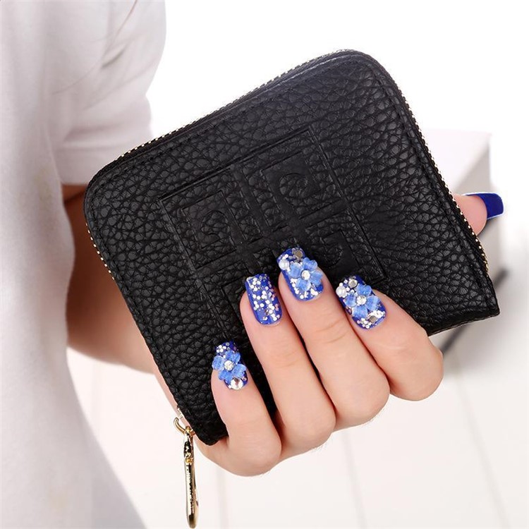 SOMLLOH Litchi Texture Leather Small Zipper Wallet Credit Card Purse - Black-1