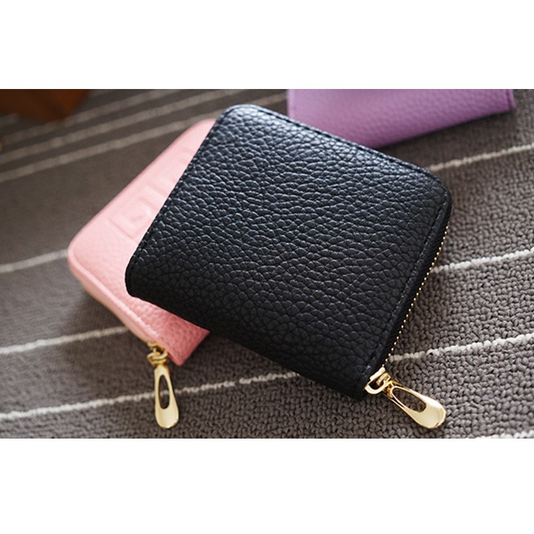 SOMLLOH Litchi Texture Leather Small Zipper Wallet Credit Card Purse - Black-5