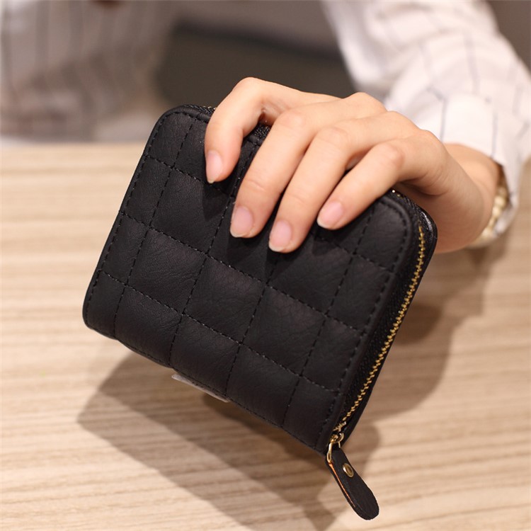Stitching Grid Leather Bi-fold Wallet Short Style for Girls, Size: 12 x 10 x 3cm - Black-1