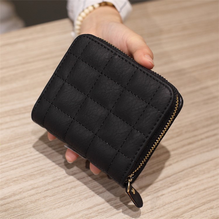 Stitching Grid Leather Bi-fold Wallet Short Style for Girls, Size: 12 x 10 x 3cm - Black-3