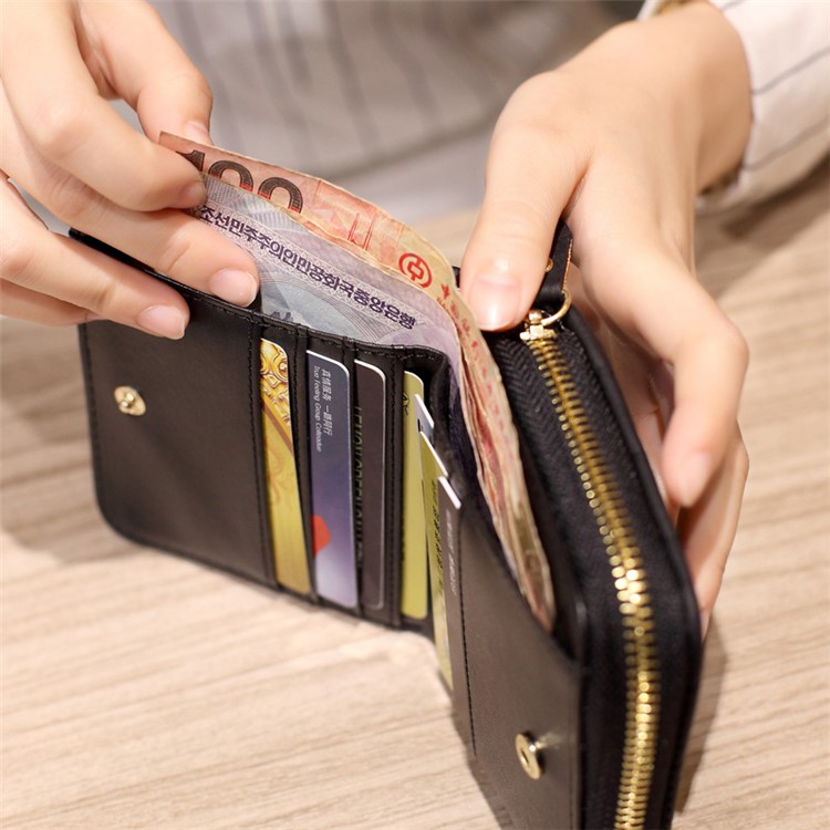 Stitching Grid Leather Bi-fold Wallet Short Style for Girls, Size: 12 x 10 x 3cm - Black-4
