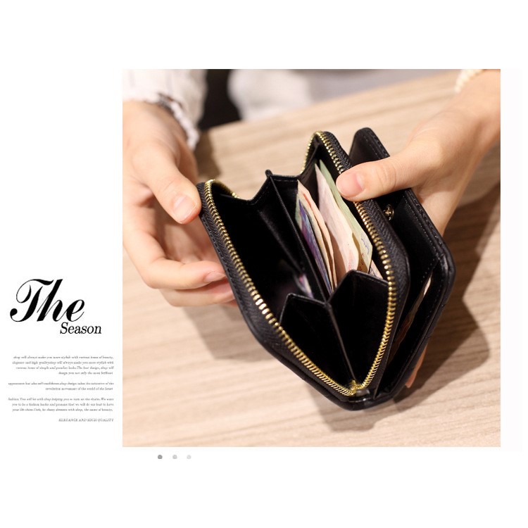 Stitching Grid Leather Bi-fold Wallet Short Style for Girls, Size: 12 x 10 x 3cm - Black-5