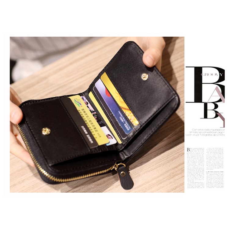 Stitching Grid Leather Bi-fold Wallet Short Style for Girls, Size: 12 x 10 x 3cm - Black-6