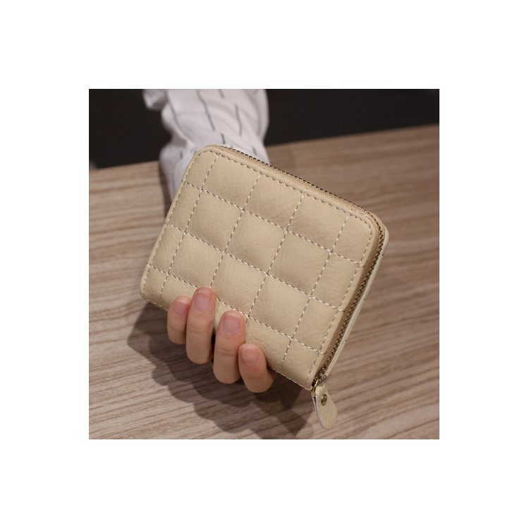Short Style Stitching Grid Leather Cash Cards Wallet for Ladies, Size: 12 x 10 x 3cm - Beige-1
