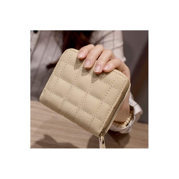 Short Style Stitching Grid Leather Cash Cards Wallet for Ladies, Size: 12 x 10 x 3cm - Beige-2