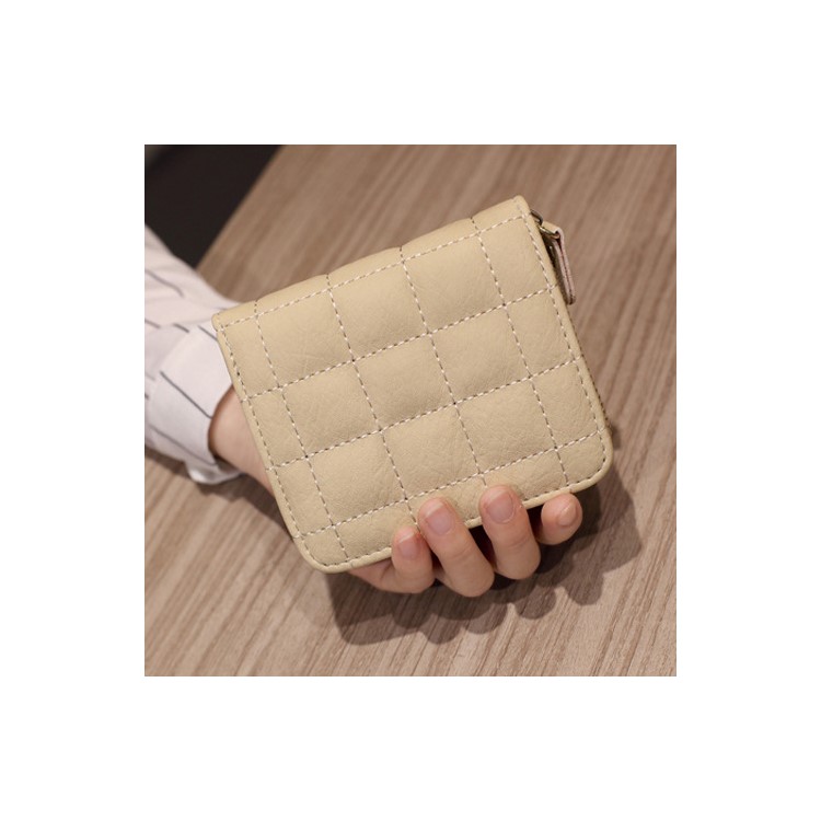Short Style Stitching Grid Leather Cash Cards Wallet for Ladies, Size: 12 x 10 x 3cm - Beige-3