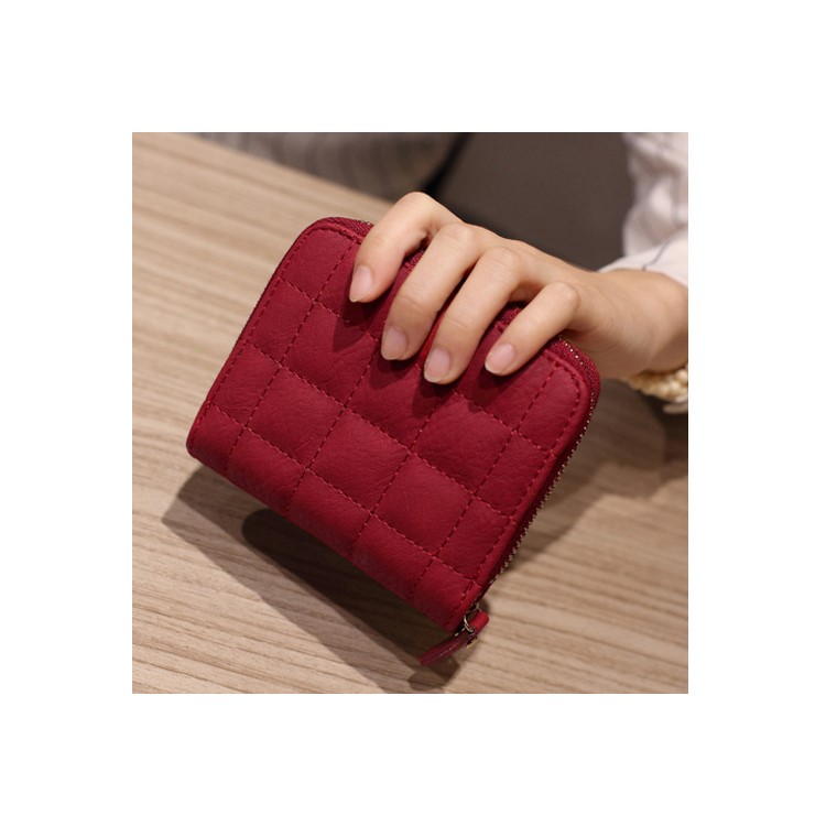 Stitching Grid Girl's Multi-functional Leather Clutch Purse, Size: 12 x 10 x 3cm - Red-1