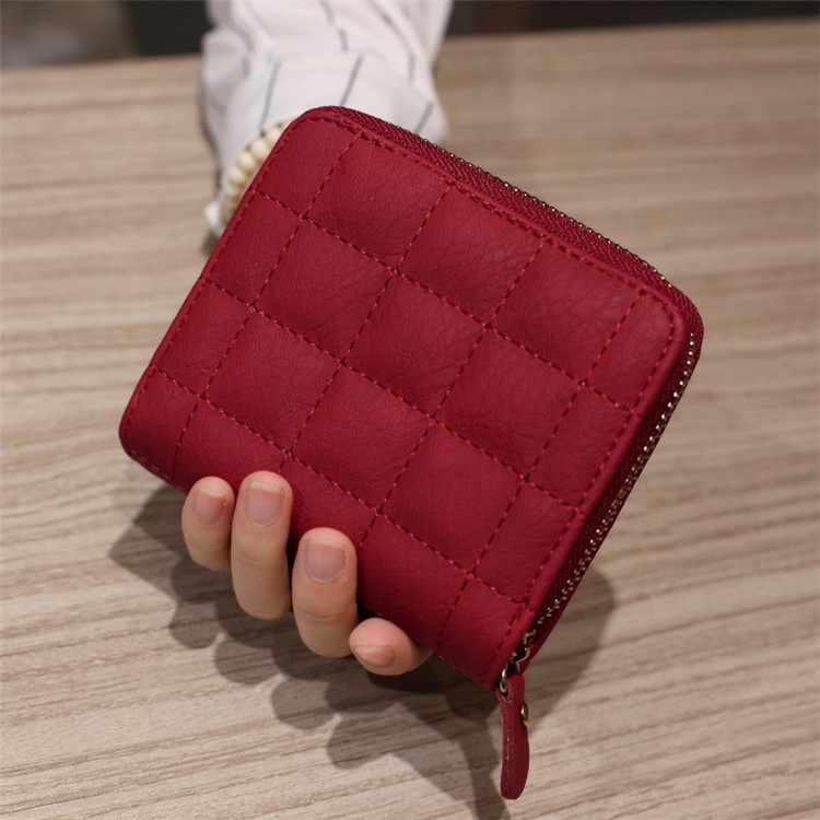 Stitching Grid Girl's Multi-functional Leather Clutch Purse, Size: 12 x 10 x 3cm - Red-2