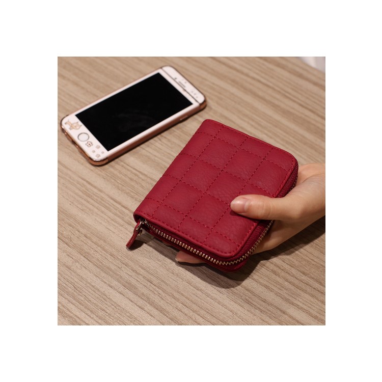 Stitching Grid Girl's Multi-functional Leather Clutch Purse, Size: 12 x 10 x 3cm - Red-3