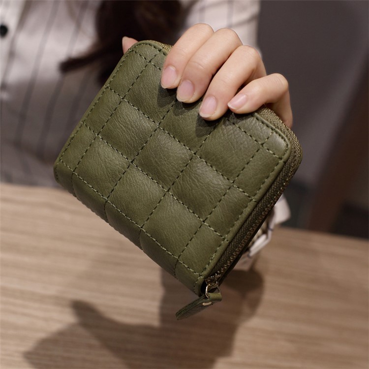 Short Style Stitching Grid Leather Bi-fold Wallet Bag for Women, Size: 12 x 10 x 3cm - Army Green-1