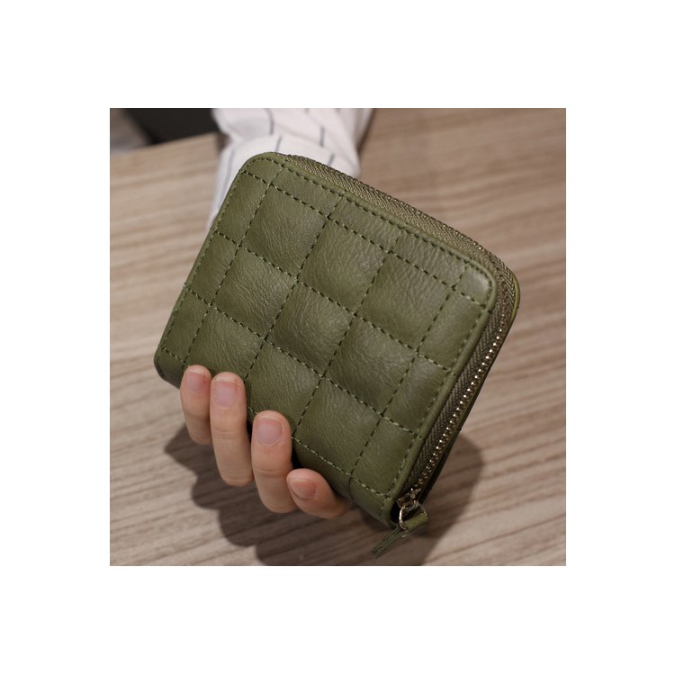 Short Style Stitching Grid Leather Bi-fold Wallet Bag for Women, Size: 12 x 10 x 3cm - Army Green-2