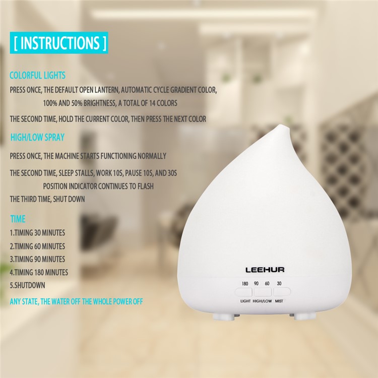 LEEHUR Water Drop Essential Oil Diffuser Ultrasonic Aroma Humidifier with 14-color LED Lights - US Plug-2