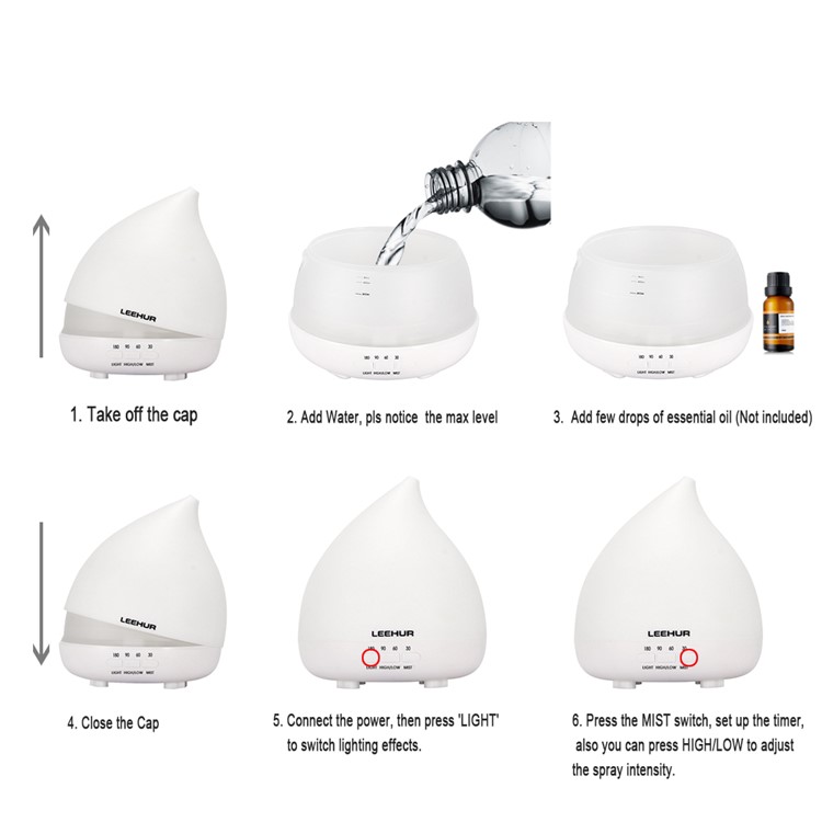 LEEHUR Water Drop Essential Oil Diffuser Ultrasonic Aroma Humidifier with 14-color LED Lights - US Plug-6