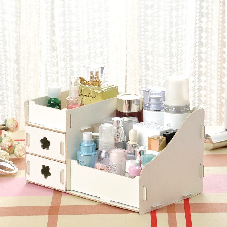 Wooden Cosmetics Makeup and Jewelry Storage Case with Two Drawers, Size: 28 x 18 x 16cm - Beige-1