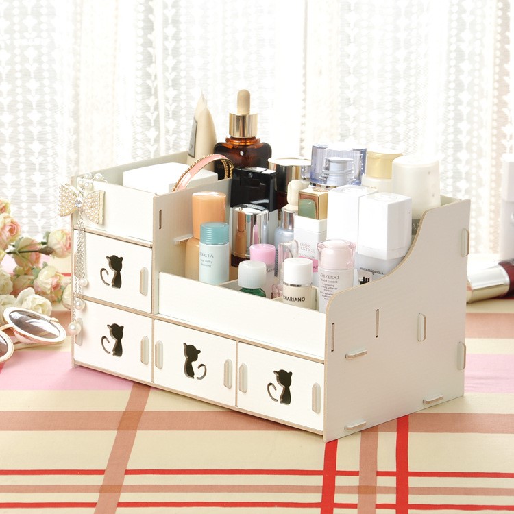 Wooden Cosmetics Makeup and Jewelry Storage Case with Four Drawers, Size: 31 x 19 x 18cm - Beige-1