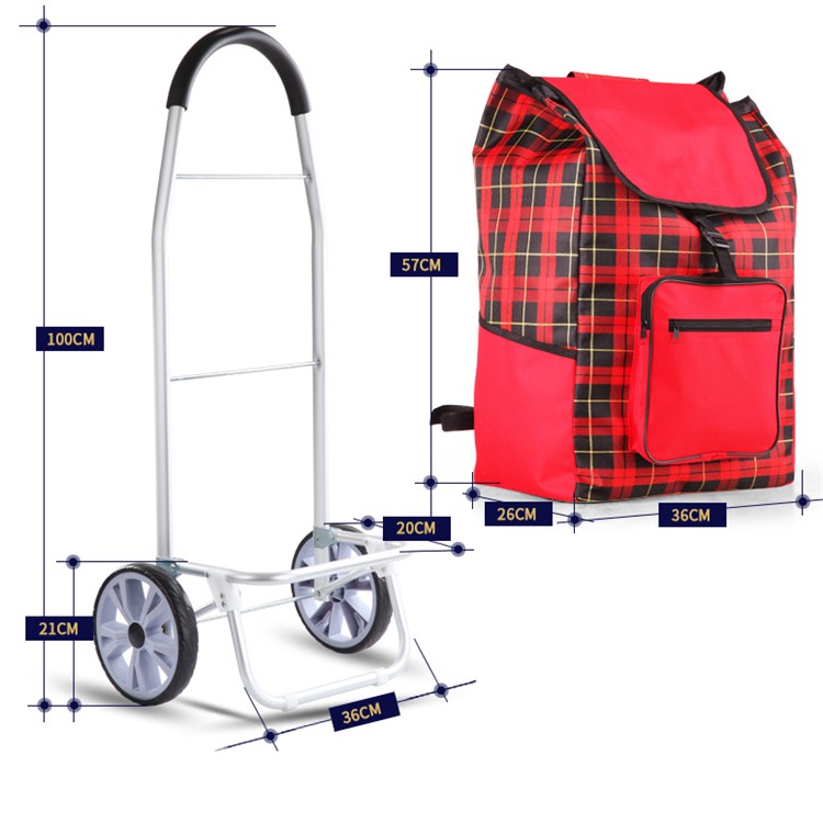 Grid Pattern Reusable Folding Shopping Cart Trolley Bag with Wheels - Wine Red-8