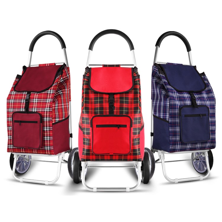 Grid Pattern Reusable Foldable Shopping Cart Trolley Bag with Wheels - Red-15