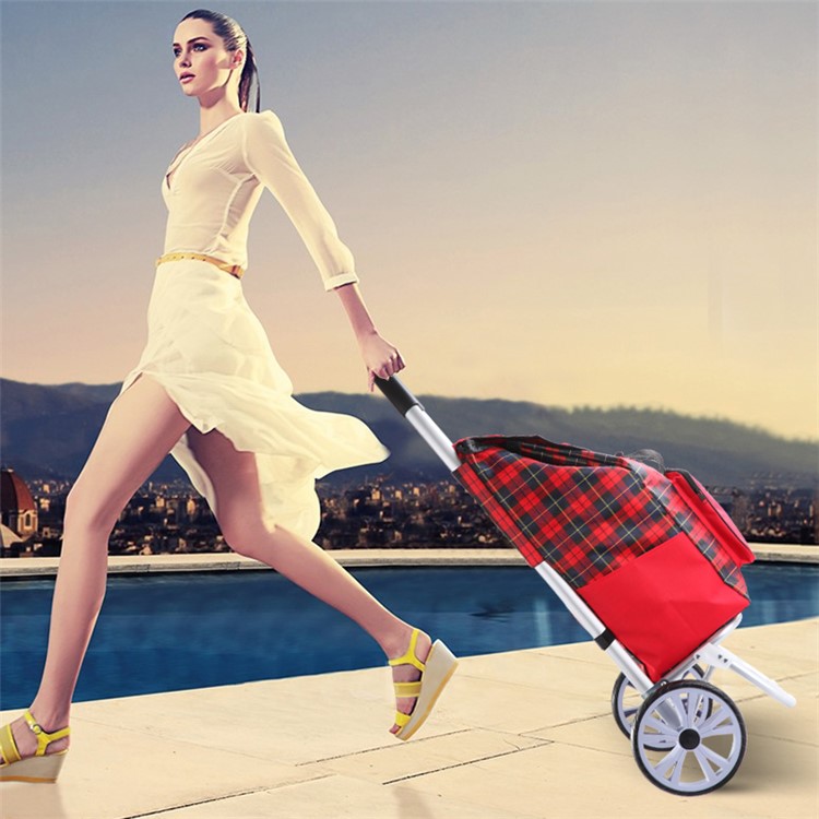 Grid Pattern Reusable Foldable Shopping Cart Trolley Bag with Wheels - Red-2