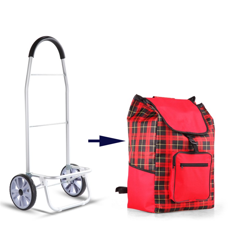 Grid Pattern Reusable Foldable Shopping Cart Trolley Bag with Wheels - Red-3