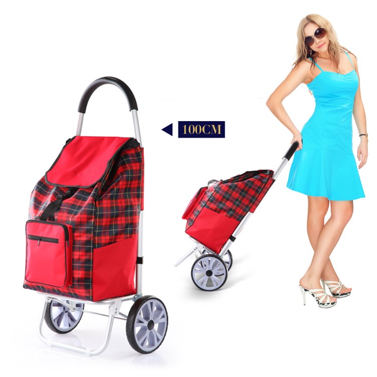 Grid Pattern Reusable Foldable Shopping Cart Trolley Bag with Wheels - Red-4