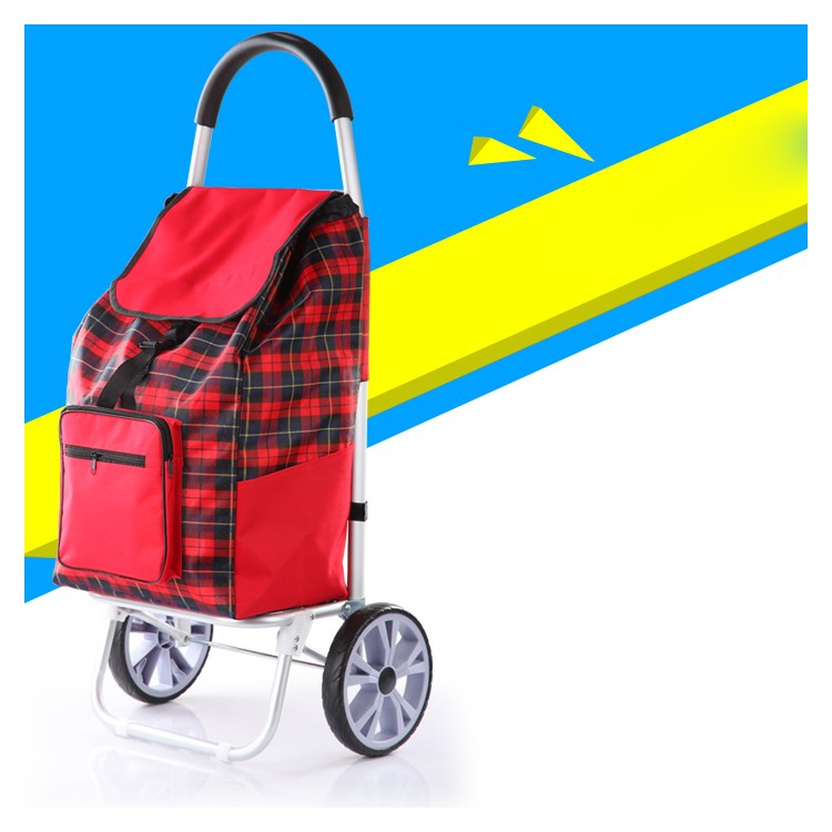 Grid Pattern Reusable Foldable Shopping Cart Trolley Bag with Wheels - Red-5