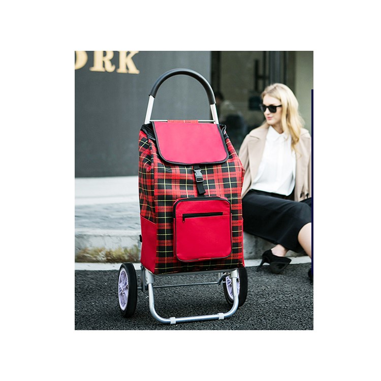 Grid Pattern Reusable Foldable Shopping Cart Trolley Bag with Wheels - Red-6