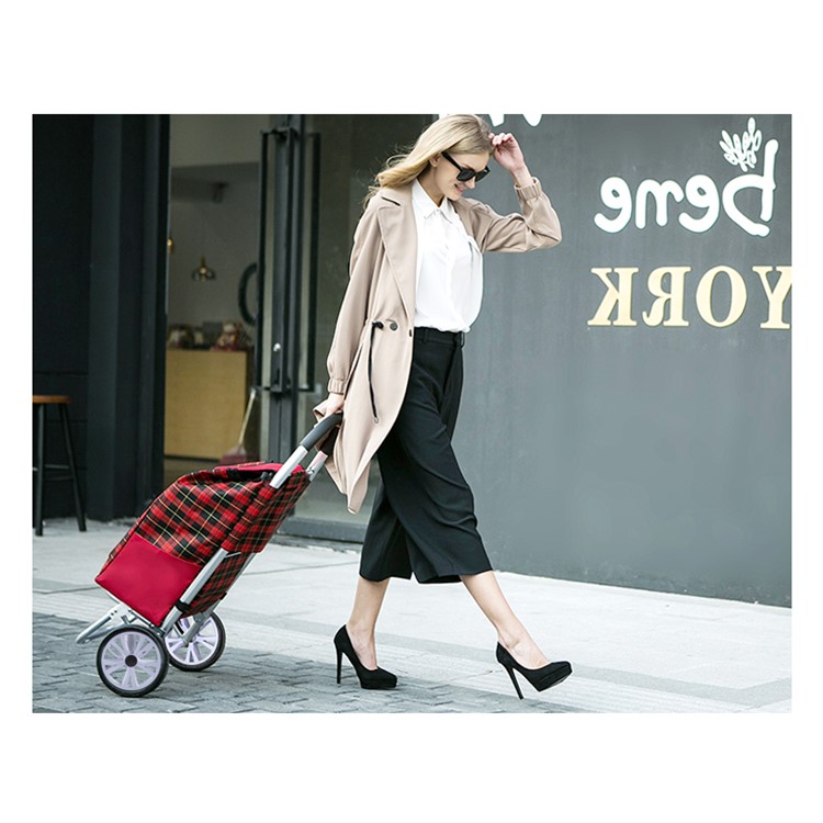 Grid Pattern Reusable Foldable Shopping Cart Trolley Bag with Wheels - Red-7