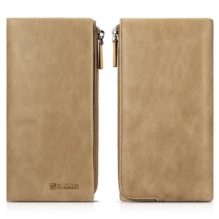 ICARER Universal Genuine Leather Zipper Pouch Case with Multiple Card Slots for iPhone 7 Plus etc. Size: 19 x 9.5 x 1.8cm - Khaki-10